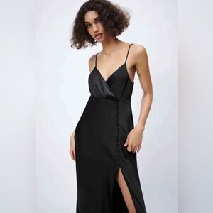 Zara Black Satin Maxi Slip Dress with Side Slit – XS